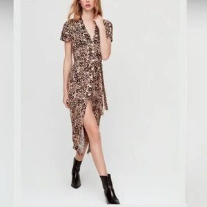 Aritzia Wilfred Leopard Print Button Front Midi Shirt Dress xxs
